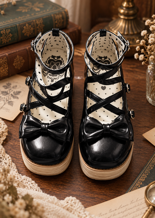 Pit a Pat Romantic Lolita Bow Lace-Up Wedge Mary Jane Shoes