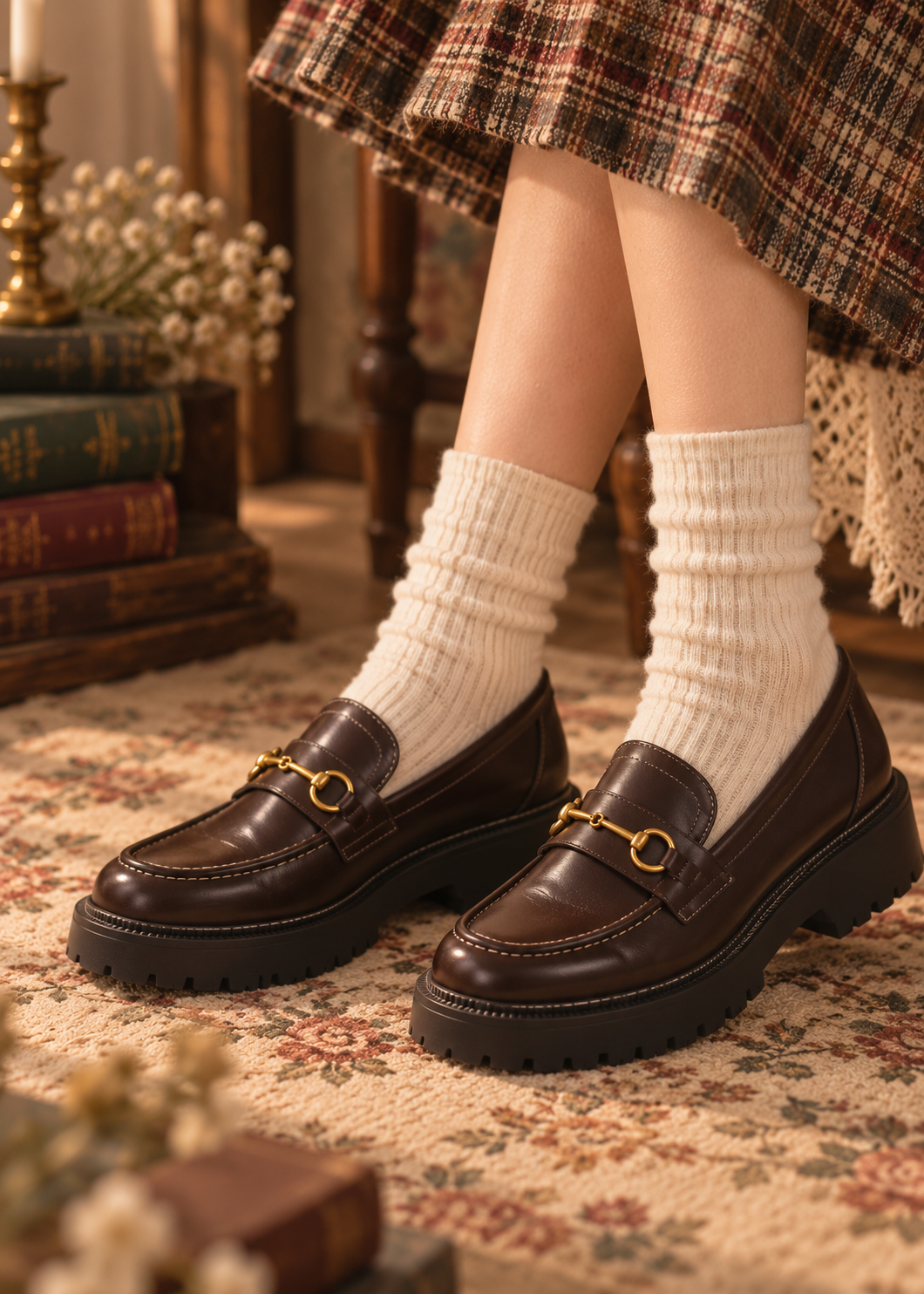 Pit a Pat Vintage Gold Horsebit Chunky Leather Loafers