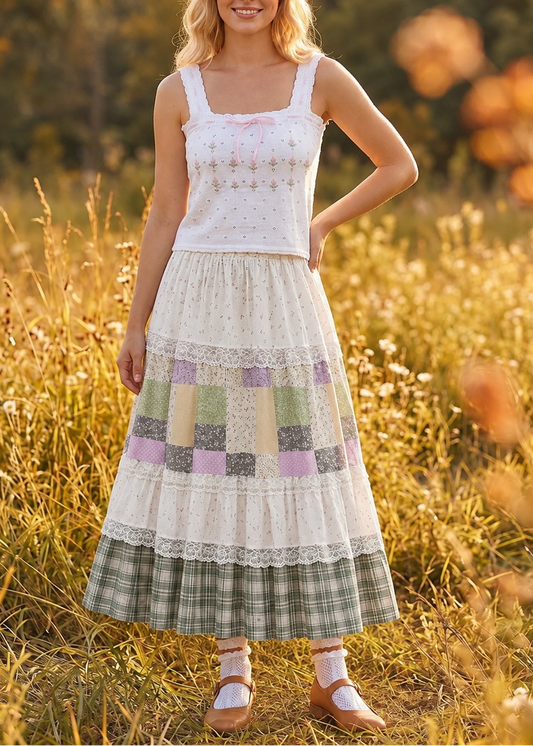 Pit a Pat Green Plaid Patchwork Maxi Skirt | Cottagecore Floral Lace Tiered Skirt