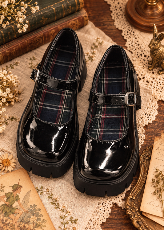 Pit a Pat Vintage Black Patent Leather Chunky Platform Mary Jane Shoes | Plaid Insole
