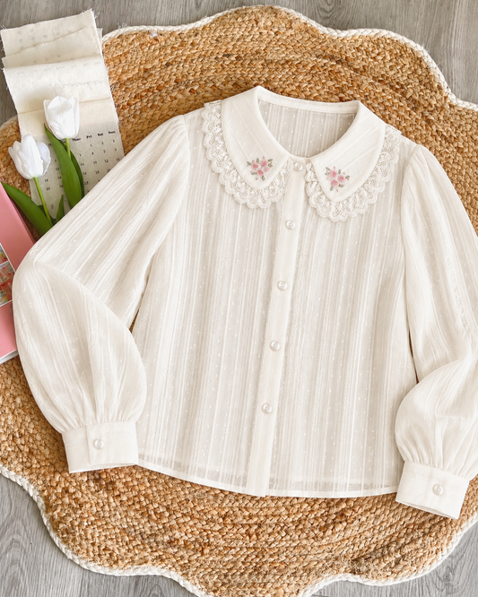 Pit a Pat Vintage Rose Embroidered Lace Collar Blouse – Ivory Cotton Peter Pan Collar Shirt