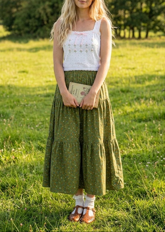 Green Floral Cottagecore Maxi Skirt | Elastic Waist Tiered Vintage Skirt