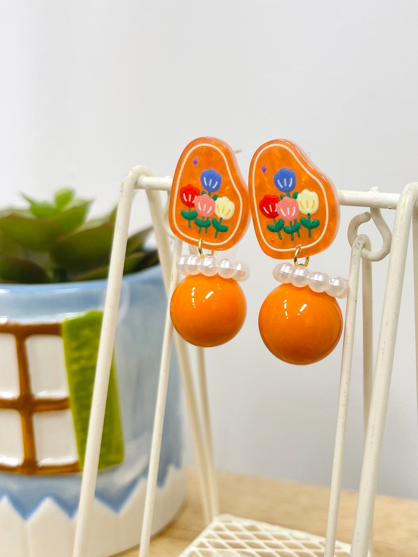 Orange Floral Dangle Earrings