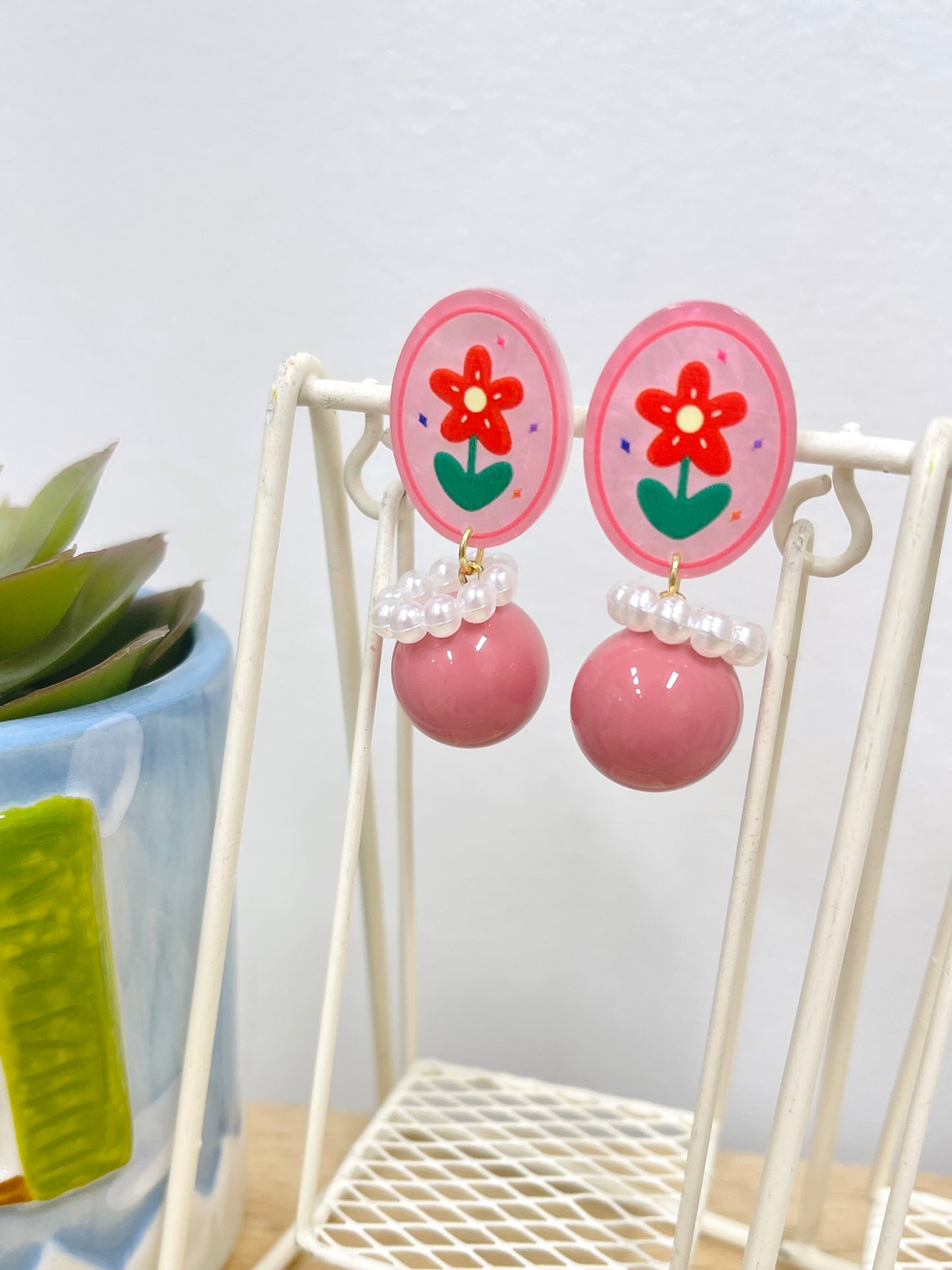 Pink Floral Dangle Earrings