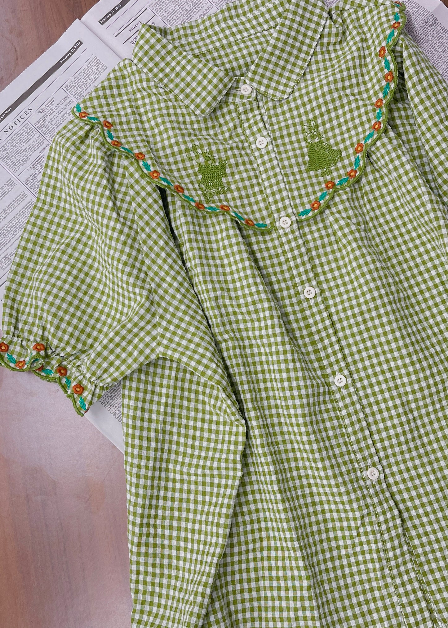 Picnic Bunny Embroidered Button-Down Shirt